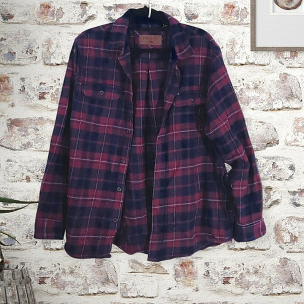 New ORVIS Thick Burgundy + Blue Premium Plaid Flannel Over Shirt - Picture 6 of 15